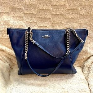 Navy COACH shoulder tote with silver chain straps